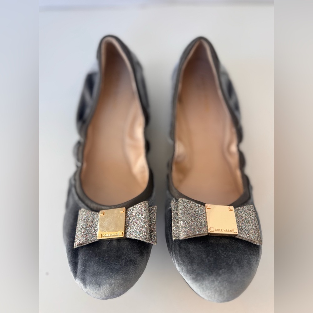 Cole Haan Tali Bow Ballet Flat Shoes Grey Velour Velvet Women’s Size 10